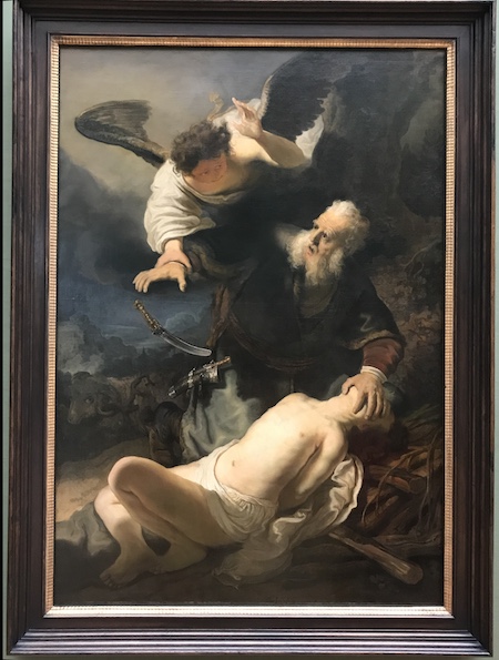 An Angel coming from above catches the hand of a white bearded Abraham who drops the dagger with which he was going to cut the throat of his son Isaac who is depicted as a naked young man, his face brutally pushed down by his father's hand.